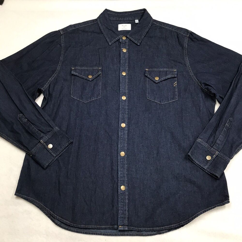 BILLY REID Shoals Denim Shirt Men 2XL Brass Snap Dark Raw Wash Western Cowboy